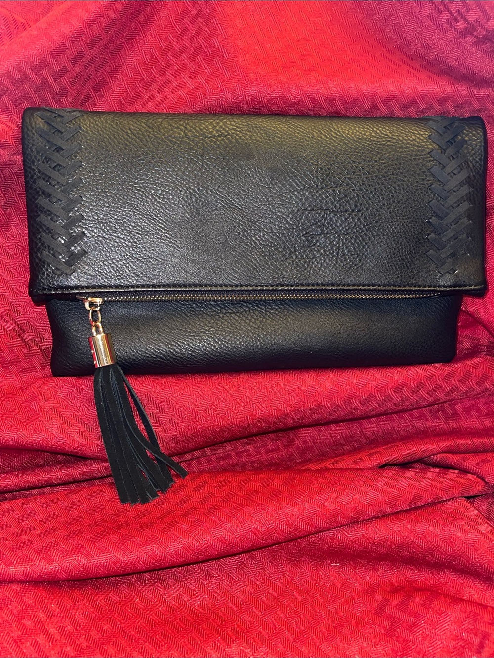 Moda Luxe Black Fold-Over Tassel Clutch with Woven Detail